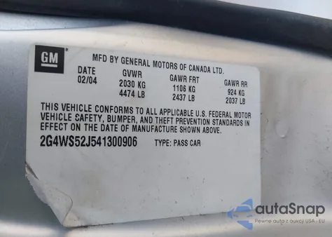 2004 Buick Century z USA, uszkodzony, nr VIN 2G4WS52J541300906